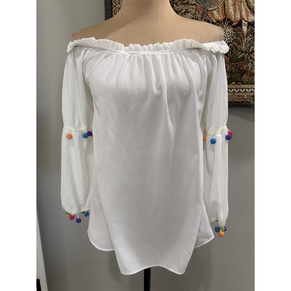 Nylon Apparel Blouse Womens Small White Off Shoulder Pom Pom Long Sleeve Boho